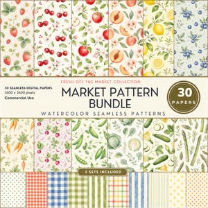 Lot de motifs fraîchement sortis du marché, papiers numériques sans couture aquarelle, motifs fruits + légumes + mélangeur du marché fermier, usage commercial