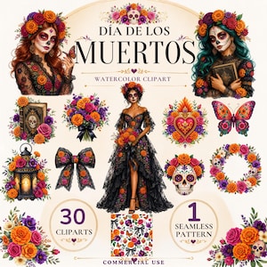 Könnte beinhalten: Eine digitale Sammlung von 30 Aquarell-Clipart-Elementen und einem nahtlosen Muster zum Thema Día de los Muertos. Enthält Illustrationen von Figuren mit Sugar-Skull-Make-up, Blumenarrangements, einer Laterne, einem Schmetterling und einem Totenkopf.