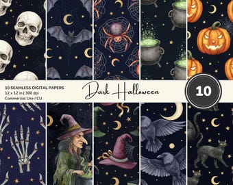 May include: A collection of ten seamless digital papers with a dark Halloween theme. The designs include skulls, bats, spiders, cauldrons, pumpkins, witch hats, crows, and black cats. Each paper is 12 x 12 inches.