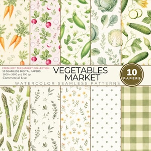 Modèles sans couture de légumes frais du marché, paquet de papier numérique aquarelle, courgettes carottes radis du marché fermier, usage commercial