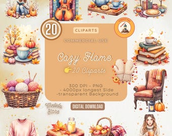 Puede incluir: Un conjunto gráfico de descarga digital con un tema de hogar acogedor. La imagen presenta ilustraciones de acuarela de elementos otoñales, incluyendo calabazas, libros, té, un violín y una cesta de hilo. El texto en la imagen dice "Cozy Home - 20 Cliparts".