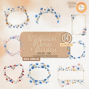 Watercolor Wildflower Frames & Borders Clipart I 14 PNG | Floral Wedding Borders | Spring Flowers | Meadow Flowers-Instant Download-300 DPI