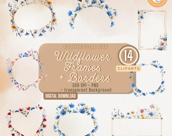 Watercolor Wildflower Frames & Borders Clipart | Floral Wedding Design, 14 PNG (Digital Download)