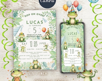 Frog Birthday Invitation: Toad-ally Fun Theme, Editable Canva Template (Digital Download)