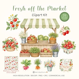 Puede incluir: Un kit de imágenes prediseñadas digitales titulado Fresh off the Market con ilustraciones en acuarela de un puesto de mercado, cestas de manzanas, coles, zanahorias, fresas, rábanos, flores y un patrón de fresas con 51 archivos.