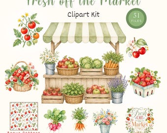 May include: A digital clipart kit titled Fresh off the Market featuring watercolor illustrations of a produce stand, baskets of apples, cabbages, carrots, strawberries, radishes, flowers, and a repeating strawberry pattern with 51 files included.