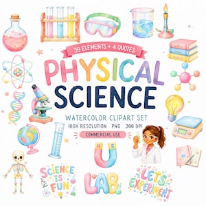 Può includere: Un set di clipart ad acquerello con elementi a tema scientifico tra cui provette, un microscopio, un mappamondo, uno scheletro, una calamita, uno scienziato e il testo "PHYSICAL SCIENCE", "SCIENCE IS FUN", "L'AB" e "LETS EXPERIMENT".