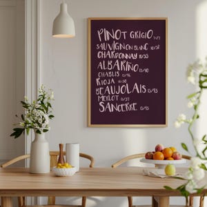 Wydruk listy win | Wydruk menu restauracji | Modna sztuka ścienna | Nowoczesny wystrój | Galeria ścienna | Sztuka minimalistyczna | Białe wino | Sztuka typograficzna