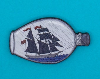 Ship Brooch / Ship Pin / Ship in a Bottle Brooch / Ship in a Bottle Pin