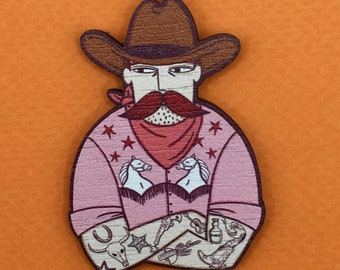 Cowboy Pin Badge / Wooden Pin Badge / Cowboy Brooch / Cowboy Pin