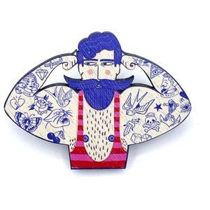 Tattooed Circus Strongman Brooch: Walnut Wood Pin