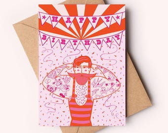 Carte d'anniversaire cirque A6 / carte d'anniversaire homme fort tatoué / carte de joyeux anniversaire de luxe