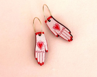 Love & Hope Wooden Hand Earrings, 14kt Gold Filled Hoops