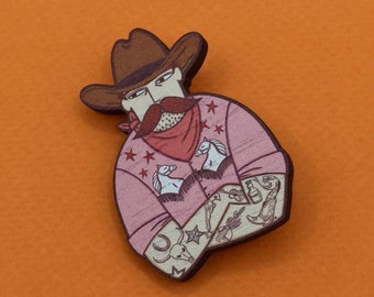 Cowboy Pin Badge / Wooden Pin Badge / Cowboy Brooch / Cowboy Pin