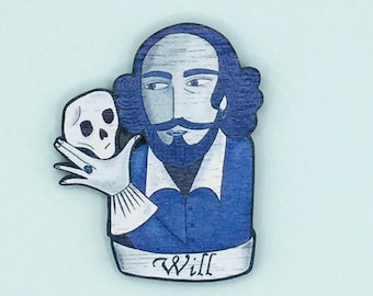 William Shakespeare Wooden Brooch: Book Lover Pin Badge