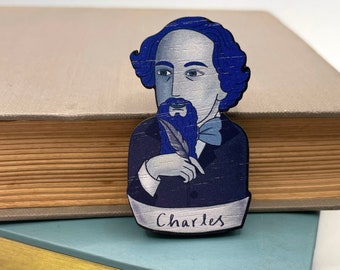 Charles Dickens Wooden Book Lovers Pin Brooch / Gift for Book Lovers / Bibliophile Brooch