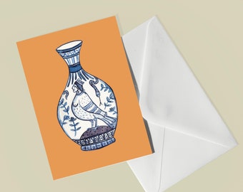 Orange Card / Ancient Greek Pottery / Greek Vase Inspired Card / Blue Pottery / Greetings Card