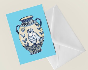 Owl Card / Blue Owl Card / Owl Painting / Greek Owl Vase /Greek Mythology