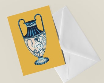 Greek Pottery Inspired Card / Greek Mythology / Yellow Card / Blue Pottery / Greetings Card