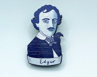 Edgar Allan Poe Wooden Book Lovers Pin Brooch / Gifts for Book Lovers / Bibliophile Brooch