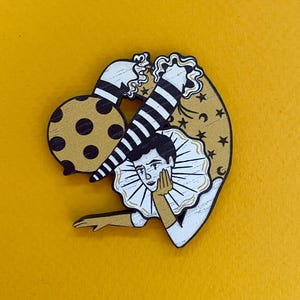 SECONDS SALE - Pierrot Brooch / Pierrot Pin / Wooden Pierrot Pin / Clown Brooch