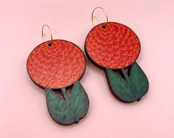 Dahlia Earrings / Wooden Orange Dahlia earrings / Statement Earrings / Flower Earrings