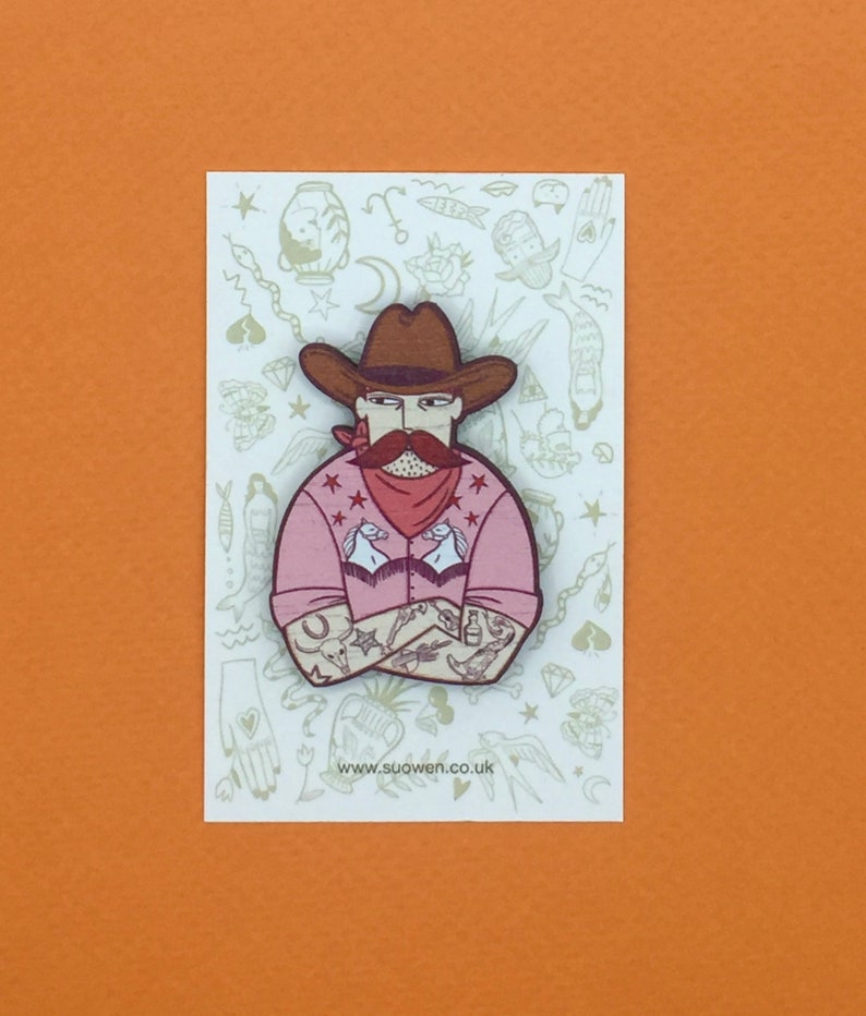 Cowboy Pin Badge / Wooden Pin Badge / Cowboy Brooch / Cowboy Pin image 3