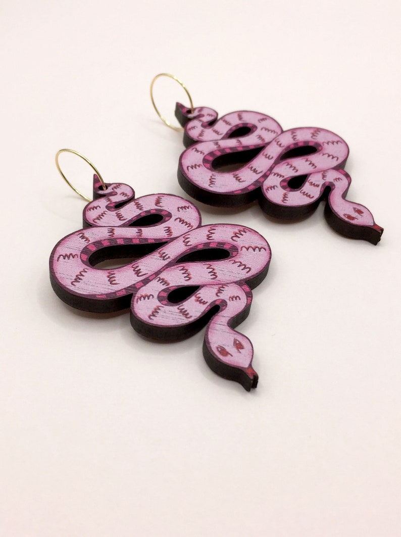 Snake Earrings / Pink Snake Earrings / Wooden Snake Earrings image 2