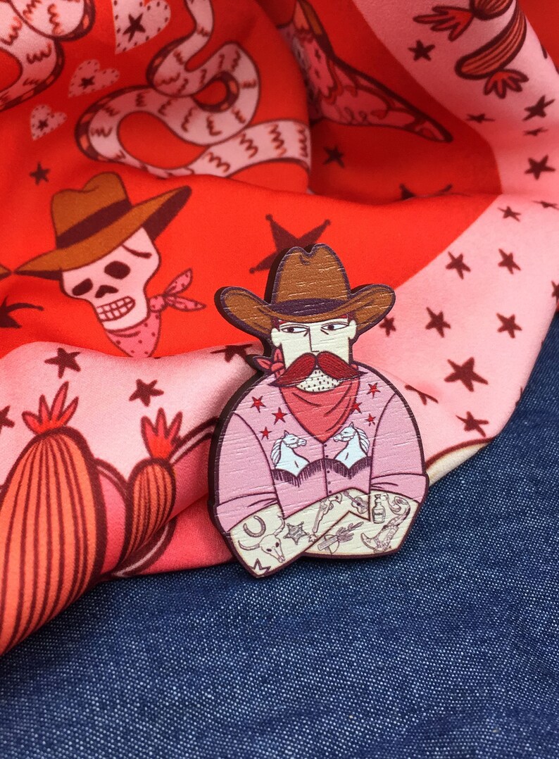 Cowboy Pin Badge / Wooden Pin Badge / Cowboy Brooch / Cowboy Pin image 4