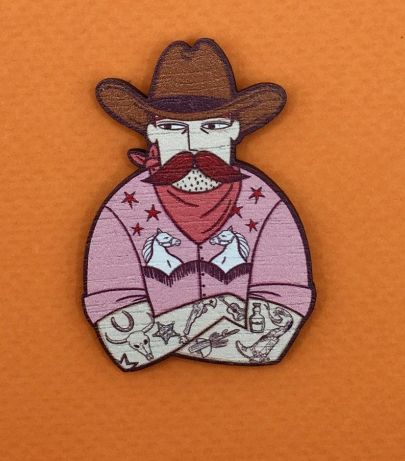 Cowboy Pin Badge / Wooden Pin Badge / Cowboy Brooch / Cowboy Pin image 2