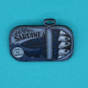 Sardines Brooch / Vintage Style Sardines Pin / Wooden Pin Badge / Save Our Seas Pin / Nautical Pin Badge / Vegan Gift