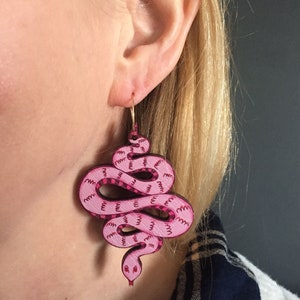 Snake Earrings / Pink Snake Earrings / Wooden Snake Earrings image 4