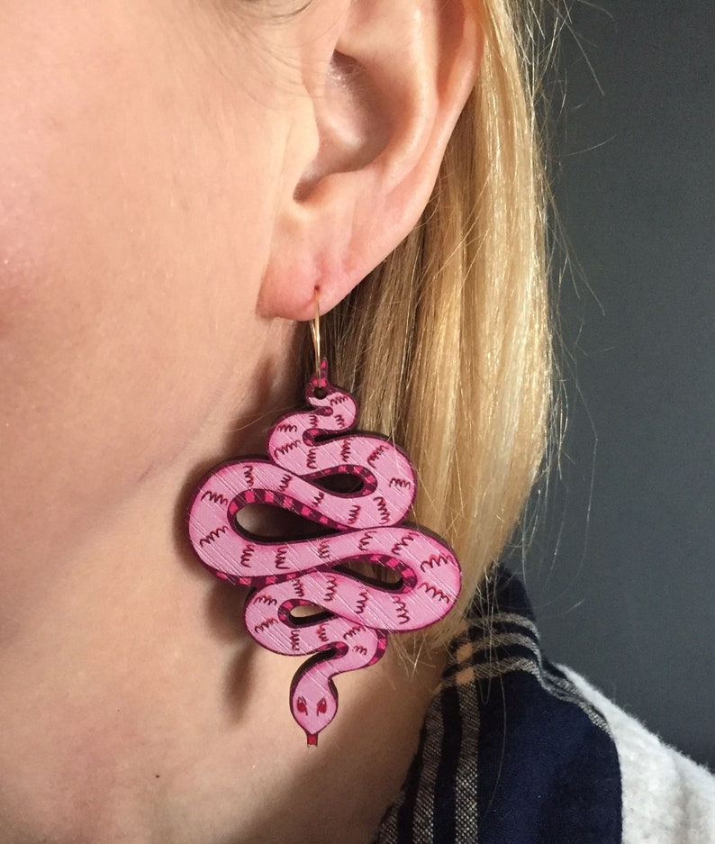 Snake Earrings / Pink Snake Earrings / Wooden Snake Earrings image 4