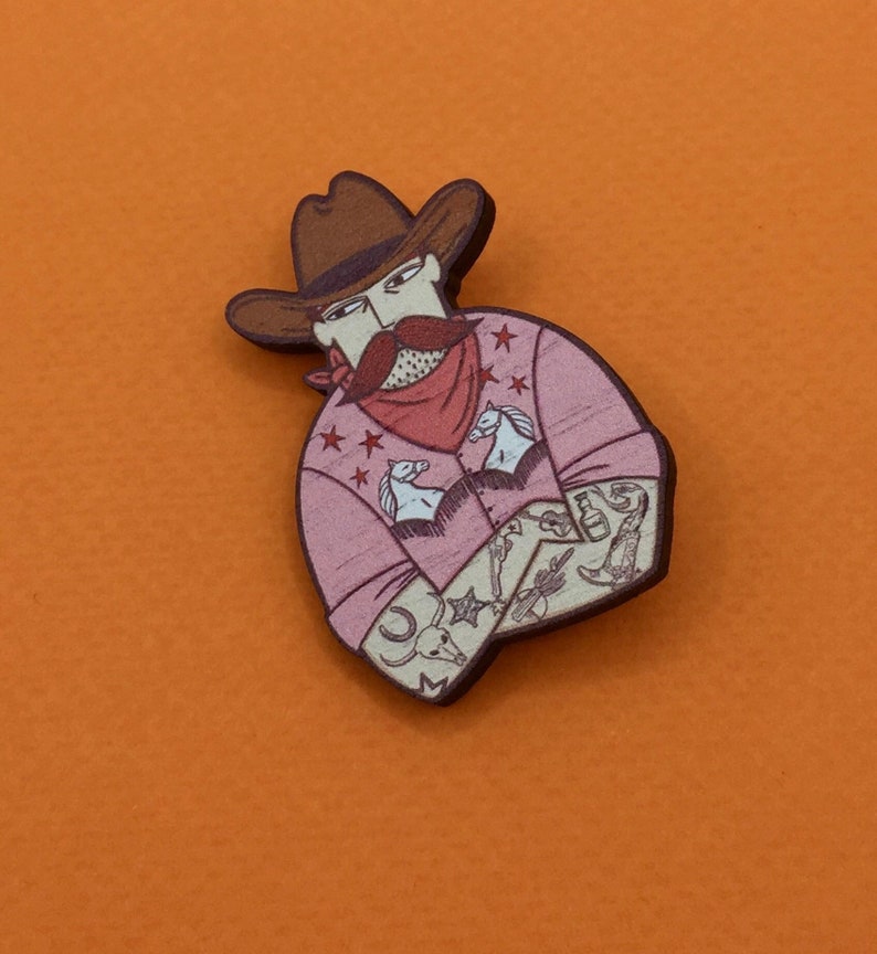 Cowboy Pin Badge / Wooden Pin Badge / Cowboy Brooch / Cowboy Pin image 1
