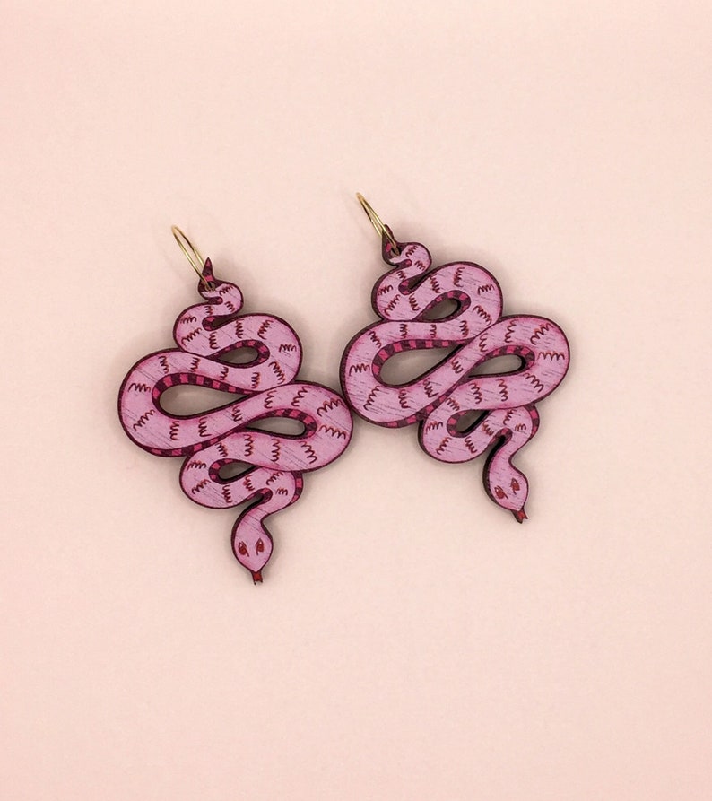Snake Earrings / Pink Snake Earrings / Wooden Snake Earrings image 1
