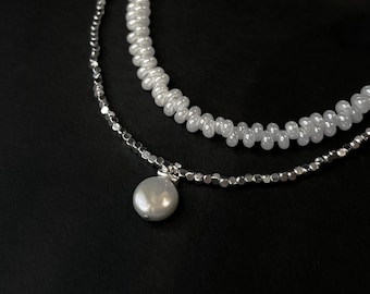 Gepaarte Hand-gefertigte Barock Perlen Halskette mit Silber Perlen + Glasperlen Choker