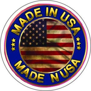 May include: Circular sticker with a blue border and gold text that reads "MADE IN USA." The center features the American flag. Three gold stars are on each side of the text.