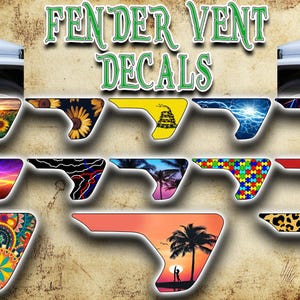 May include: Fender vent decals with various designs, including sunflowers, lightning, and a sunset scene. The decals are displayed with a white Jeep, showcasing the product's application. The text "FENDER VENT DECALS" is at the top.