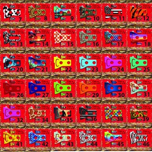 May include: A collection of door hinge decals with various designs, including American flags, animal prints, and abstract patterns. Each decal is rectangular with a hinge shape and comes in a set. The background is red.