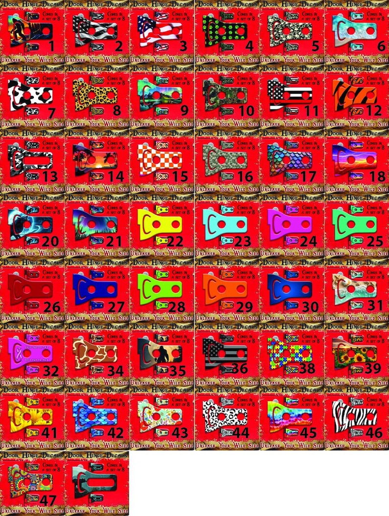 May include: A collection of door hinge decals with various designs, including American flags, animal prints, and abstract patterns. Each decal is rectangular with a hinge shape and comes in a set. The background is red.