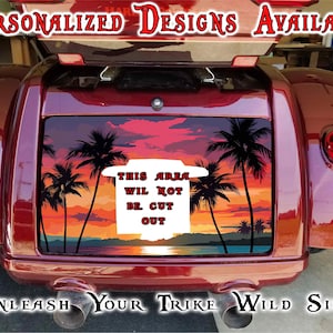 May include: A burgundy trike with a custom panel featuring a sunset scene with palm trees. The text "Personalized Designs Available" and "Unleash Your Trike Wild Side" are displayed. The panel includes the text "THIS AREA WIL NOT BE CUT OUT".