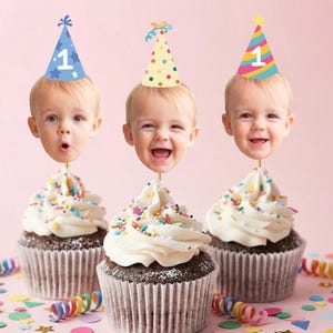 Adornos personalizados para cupcakes con fotos de rostros, adornos personalizados para cupcakes, cabezas en palitos, decoración divertida para fiestas de primer cumpleaños de bebés y cualquier evento.