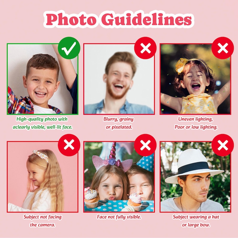 May include: A pink graphic with the text "Photo Guidelines" in a stylized font. The image shows examples of acceptable and unacceptable photos, including a clear photo of a child, and examples of blurry, poorly lit, or obscured faces.