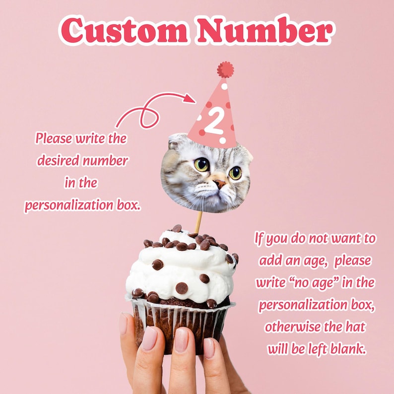 May include: A cupcake topped with white frosting and chocolate chips, held by a hand. A cat face with a party hat that has the number 2 on it is on a stick. Text reads "Custom Number" and instructions for personalization.