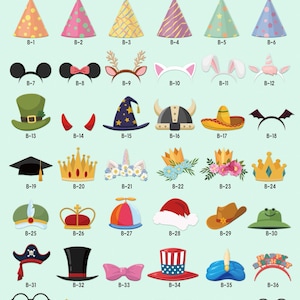 May include: A variety of party accessories are displayed, including cone hats, headbands, and glasses. The text "Design Options" is at the top. The accessories are numbered B-1 through B-42. The accessories are in various colors and designs.