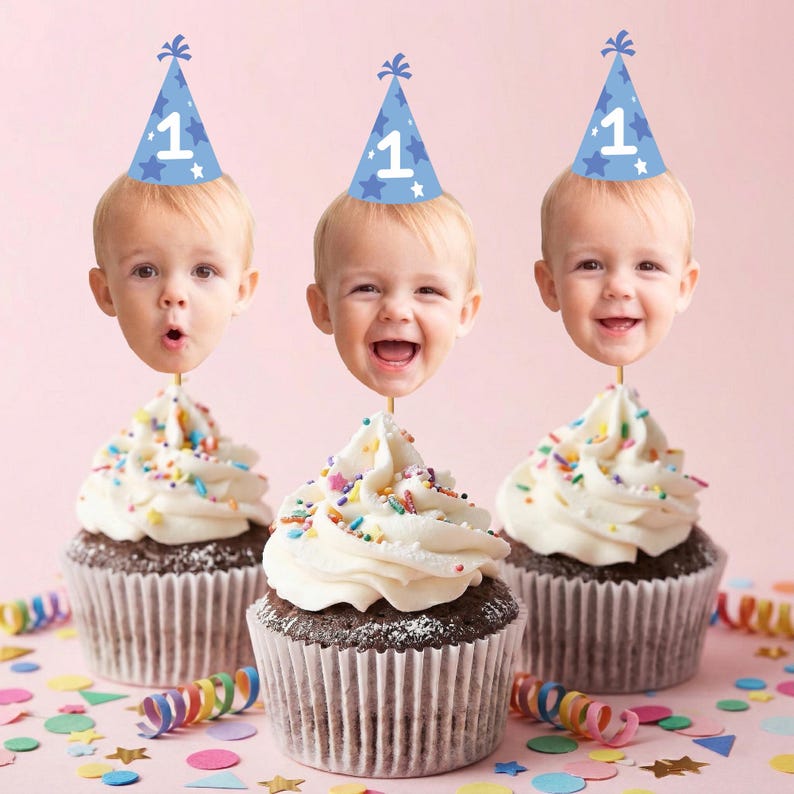 Custom Face Photo Cupcake Toppers, Personalized Cupcake Toppers, Head on a Stick, Fun Party Decoration for Baby First Birthday & any Events image 13