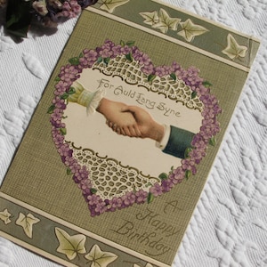 Postcard A Happy Birthday Clasped Hands & Violet Flowers Antique Edwardian c.1910 Romantic Old Card