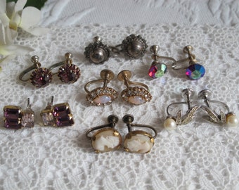 7 Pc Destash Lot  Earrings Tiny Styles Rhinestones Cameo Faux Pearl Vintage 1950's 1960's