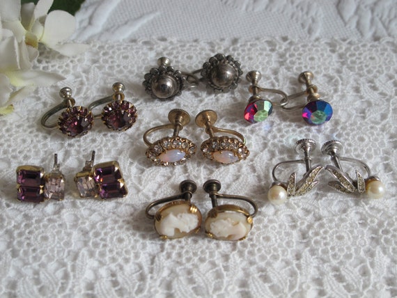 7 Pc Destash Lot  Earrings Tiny Styles Rhinestone… - image 1
