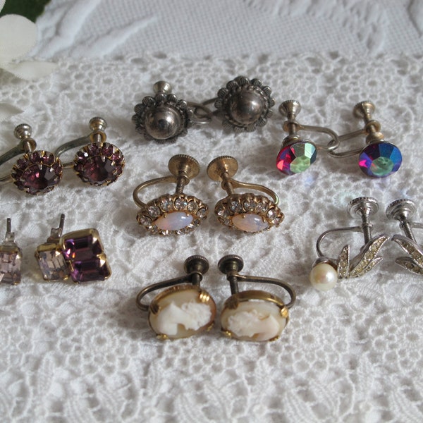 7 Pc Destash Lot  Earrings Tiny Styles Rhinestones Cameo Faux Pearl Vintage 1950's 1960's